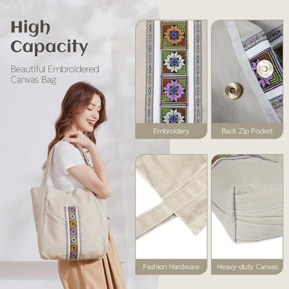 Large Cotton Canvas Tote Bag Women Oversized Shoulder Handbag Travel - Picture 6 of 7